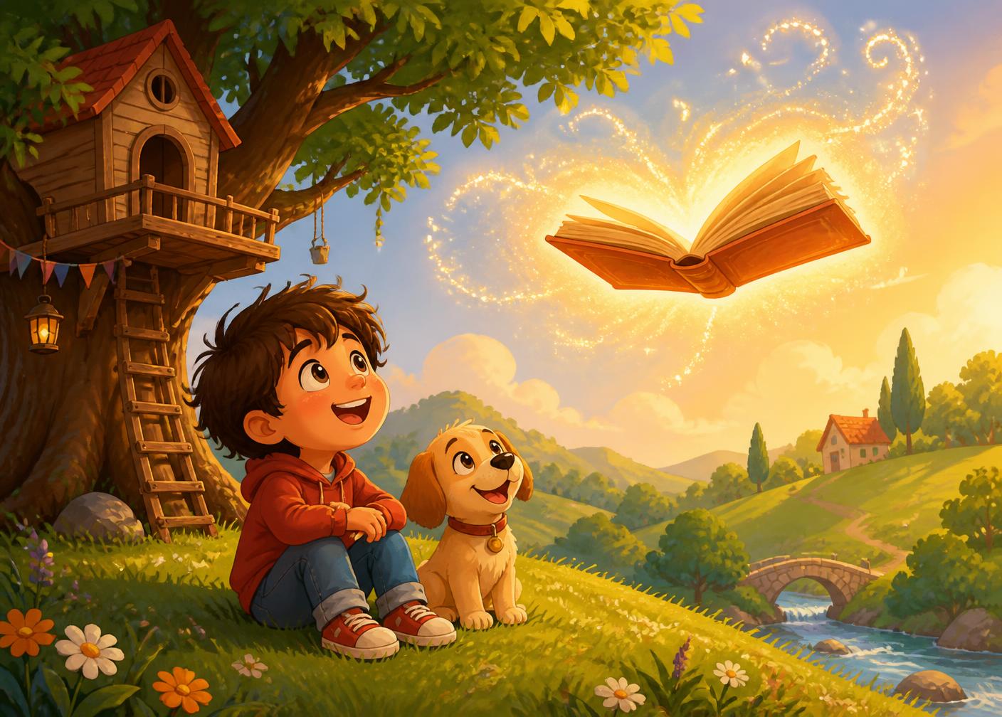 A child and their puppy watching a glowing storybook float above a sunny hillside